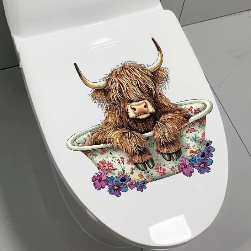 Iprokiu Funny Animal Toilet Seat Cover Decal Waterproof Cartoon Dog Cat Toilet Seat Lid Sticker Dinosaur Duck Washroom Bathroom Decal Home Wall Sticker (Bathing Cow) - Image 5